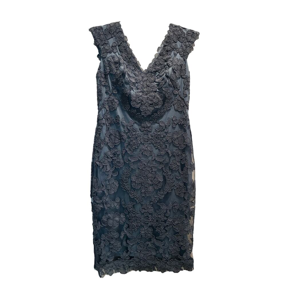 Tadashi Shoji Parker Embroidered Lace Dress Steel Blue Sheath Mock V